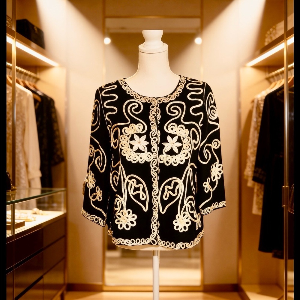 Embroidered Jacket Lauren Michelle Black & Cream Blazer crystal buttons GUC